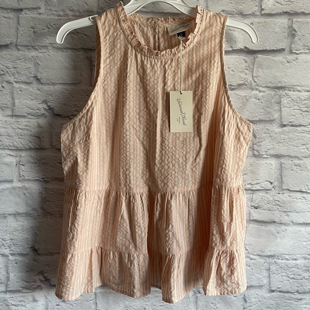 NEW WITH TAGS UNIVERSAL THEREAD PINK WHITE STRIPE HIGH NECK RUFFLE TANK TOP M